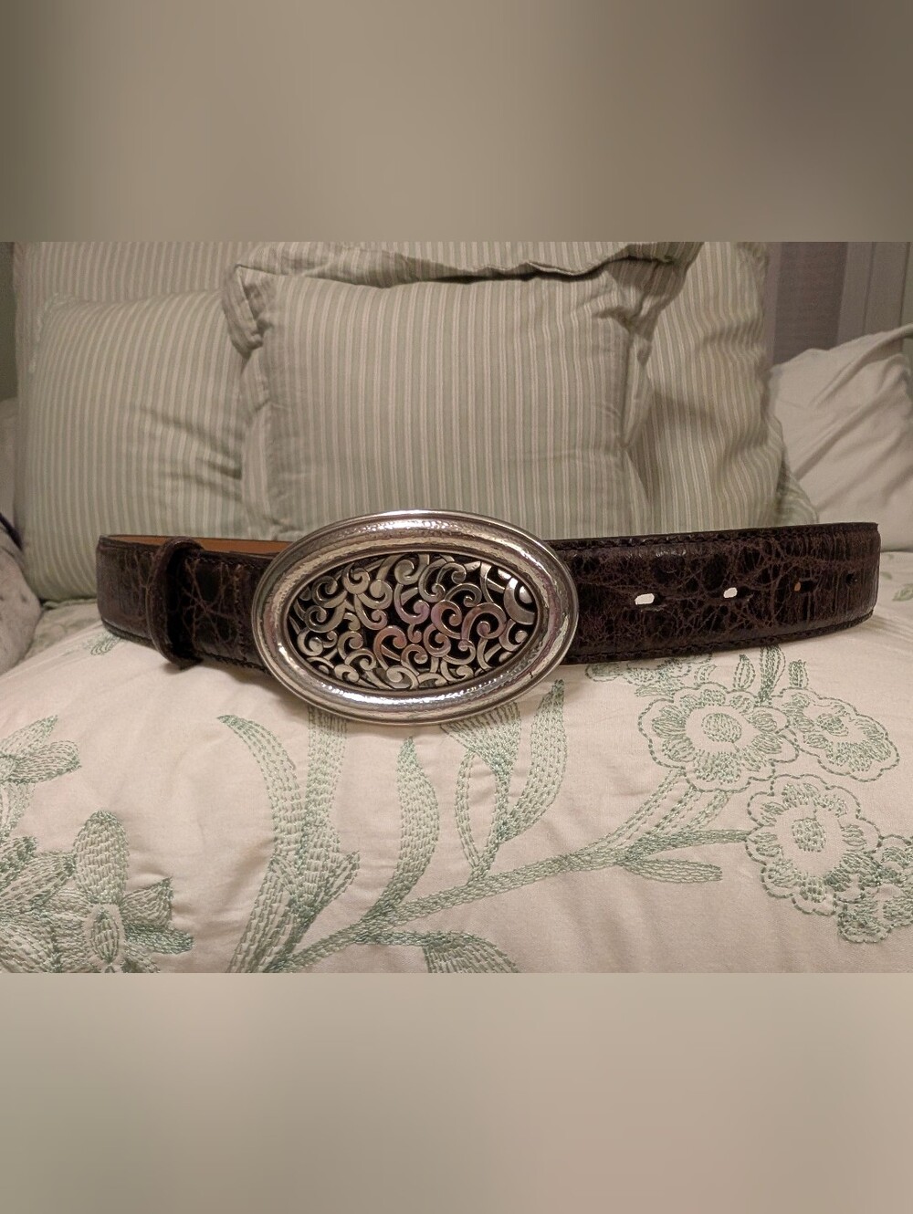 Brighton Brown Croc Leather Belt with Silver Filigree Oval Buckle